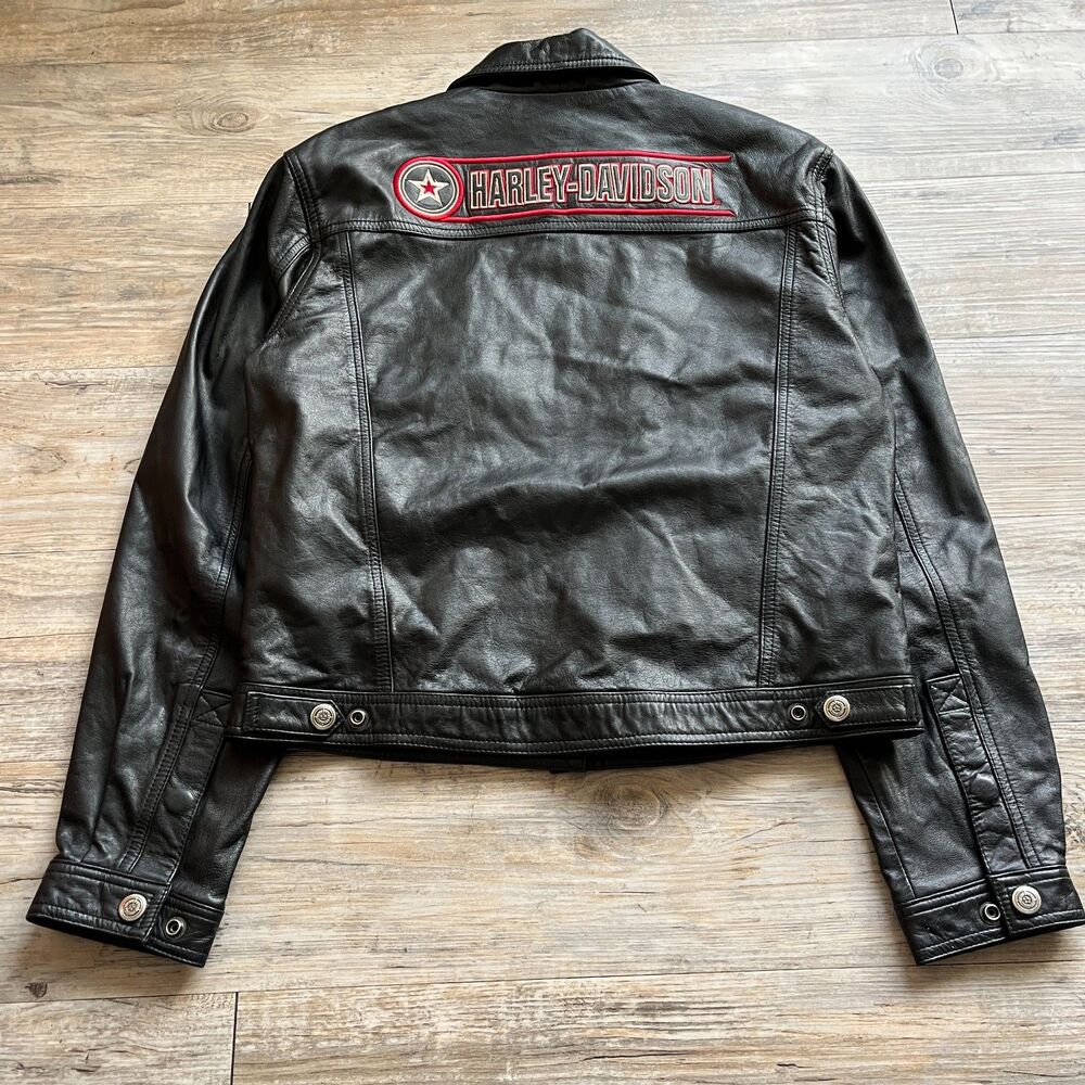 Harley Davidson Jacket Women's Medium Leather Motorcycle Embroidered Patch Black